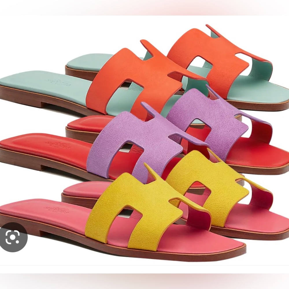 BNIB AUTHENTIC HERMES Suede Yellow & Pink Coral Orans SZ. 37.5 or 7.5